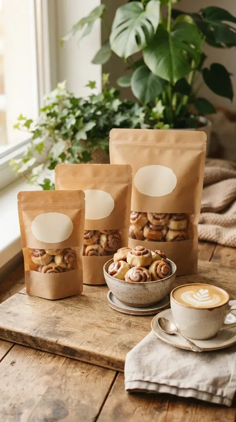 Bolsas kraft de rollitos de canela Massái con un café